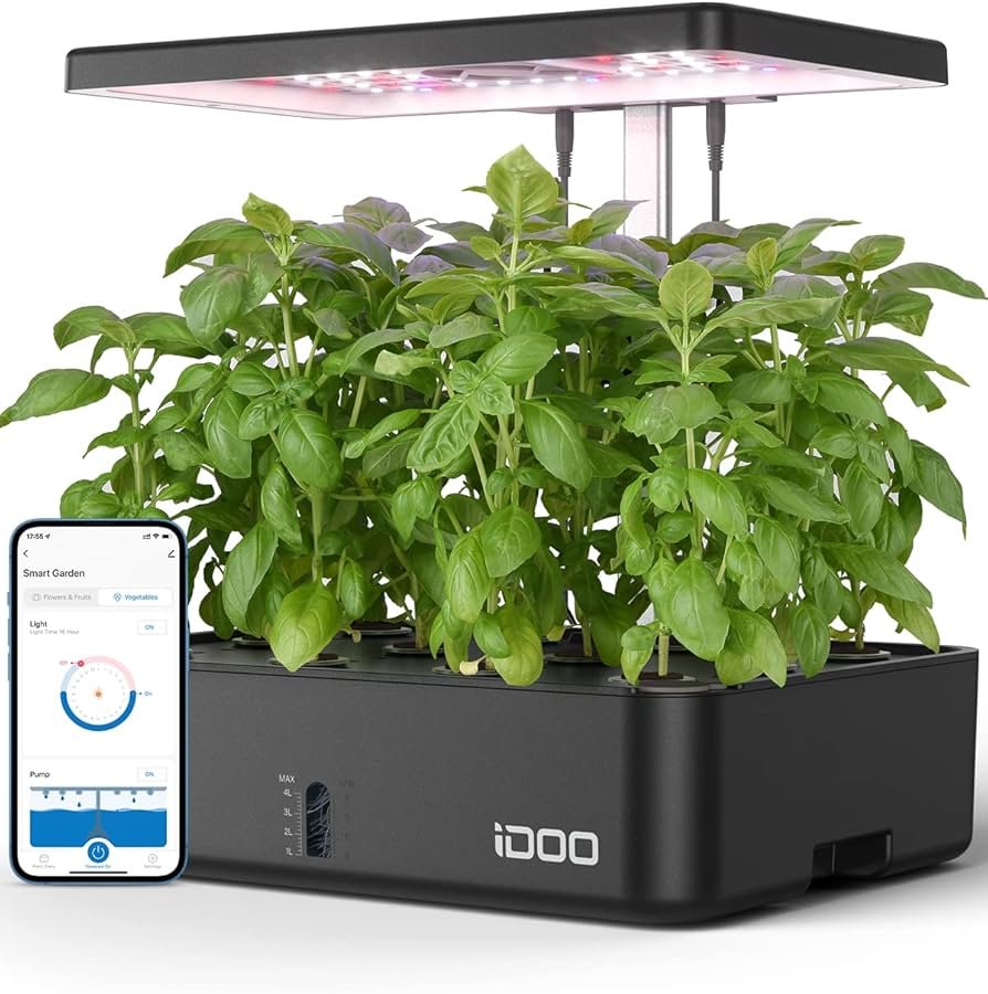 Close-up of iDOO smart indoor garden control panel with LED indicators.