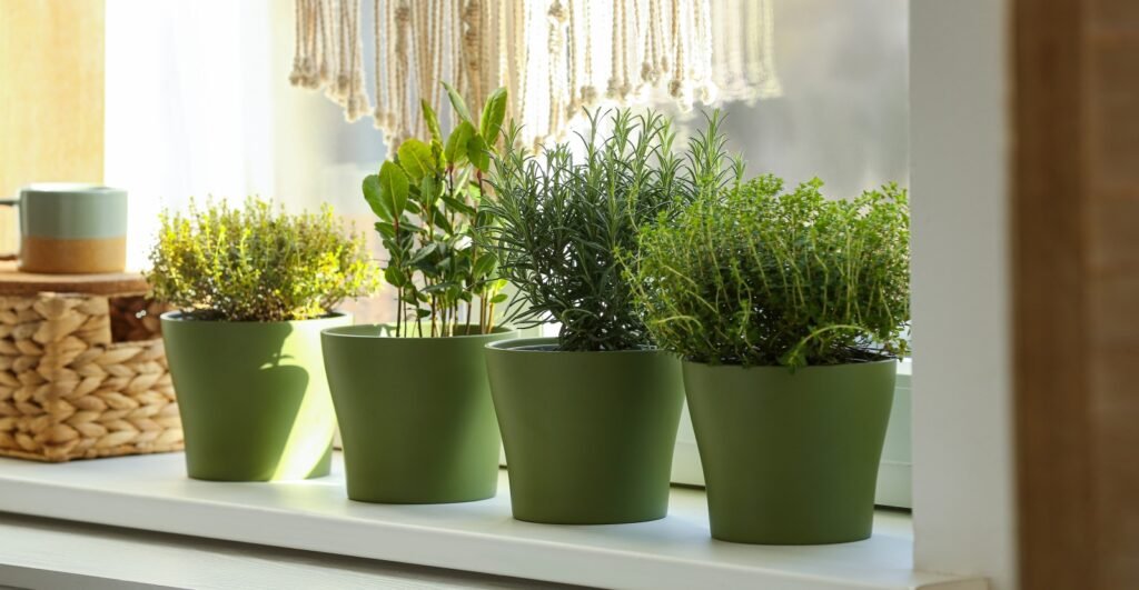 Basil and mint plants thriving on a sunny windowsill