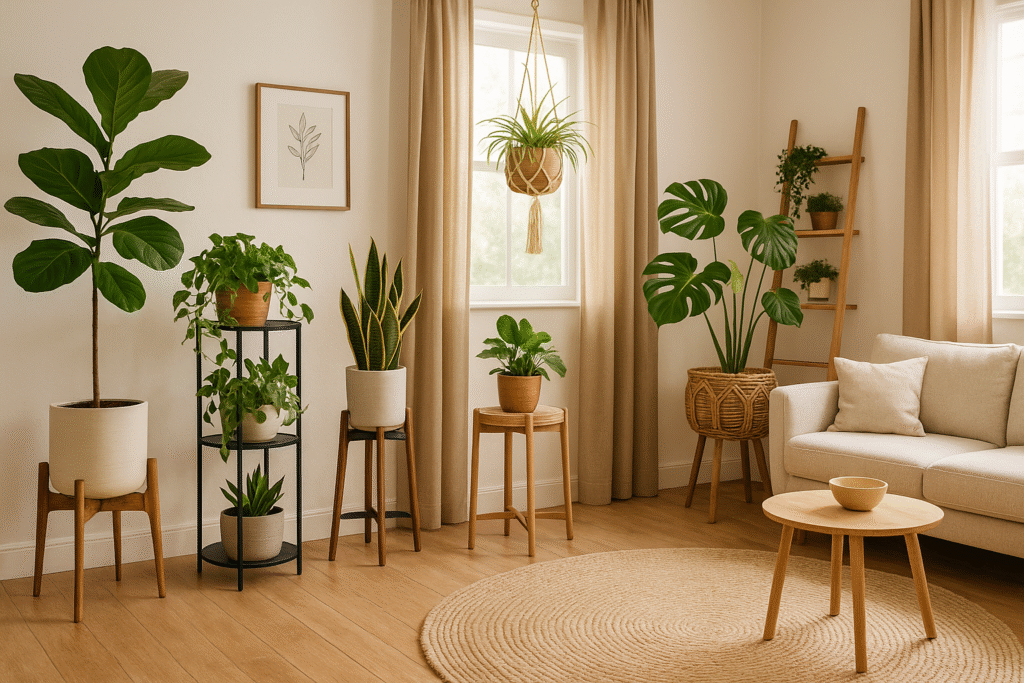 Indoor living room with assorted plant stands in boho and modern styles