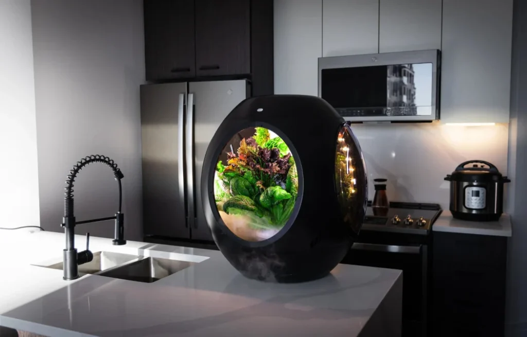 Smart indoor herb planter with LED lights and growing herbs and veggies