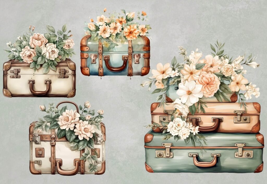 Stack of vintage suitcases repurposed as whimsical indoor plant stand with ivy